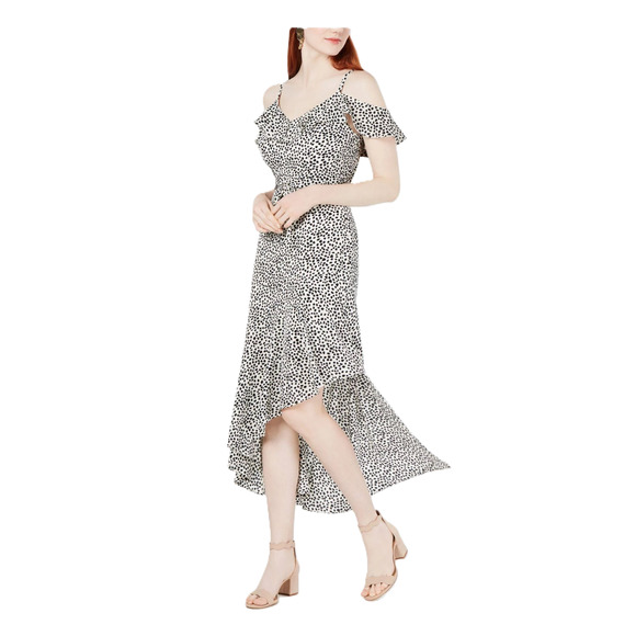 BCX Printed Short Sleeve Cold Shoulder Tea-Length Dress Black White S - Picture 3 of 9